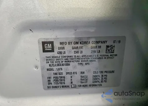 2020 Chevrolet Trax 1Lt z USA, uszkodzony, nr VIN KL7CJLSB3LB010084